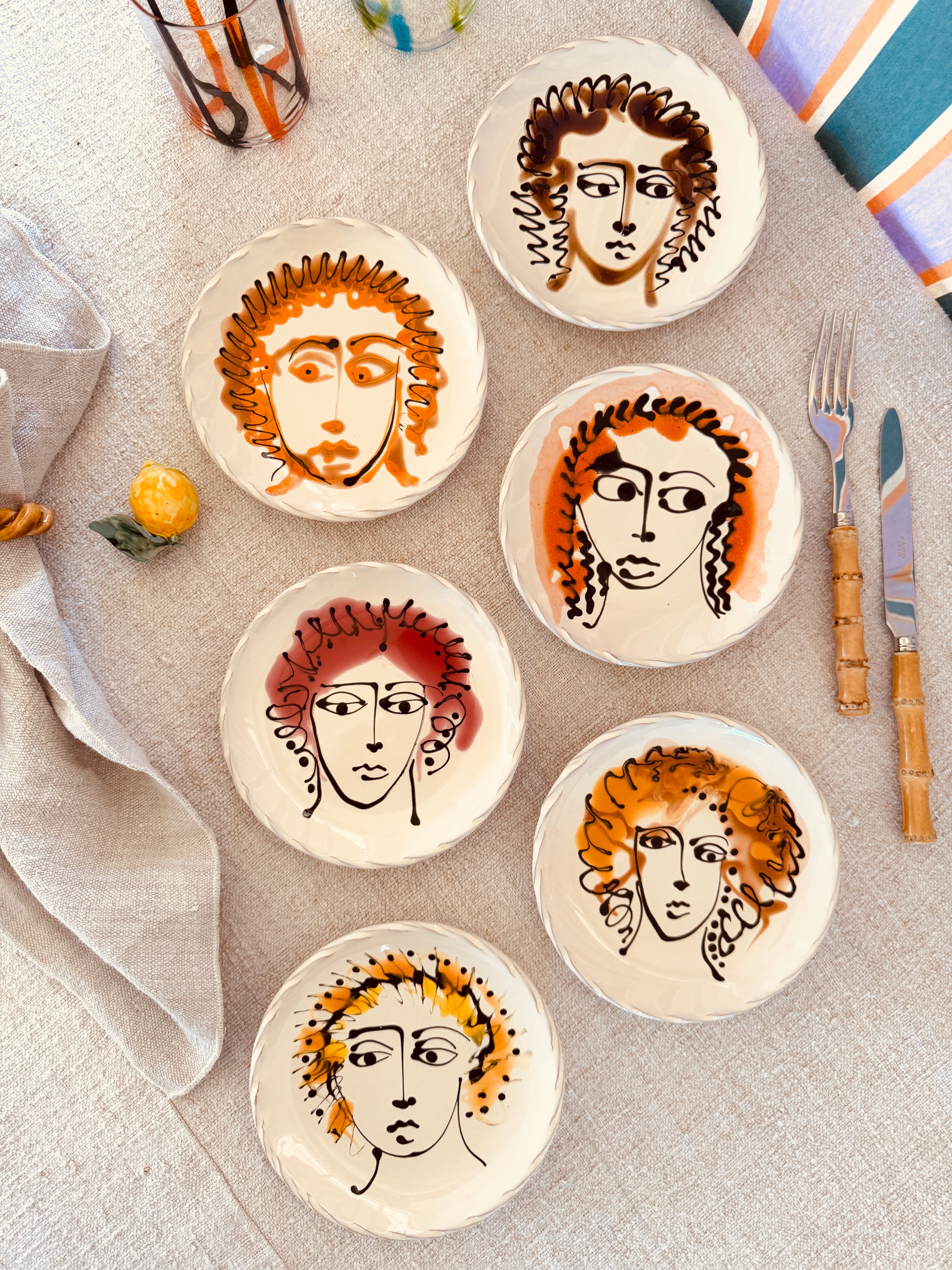 Handmade Italian Dessert & Bread Plates 16 cm | Set of 6 Unique "Viso" Mix