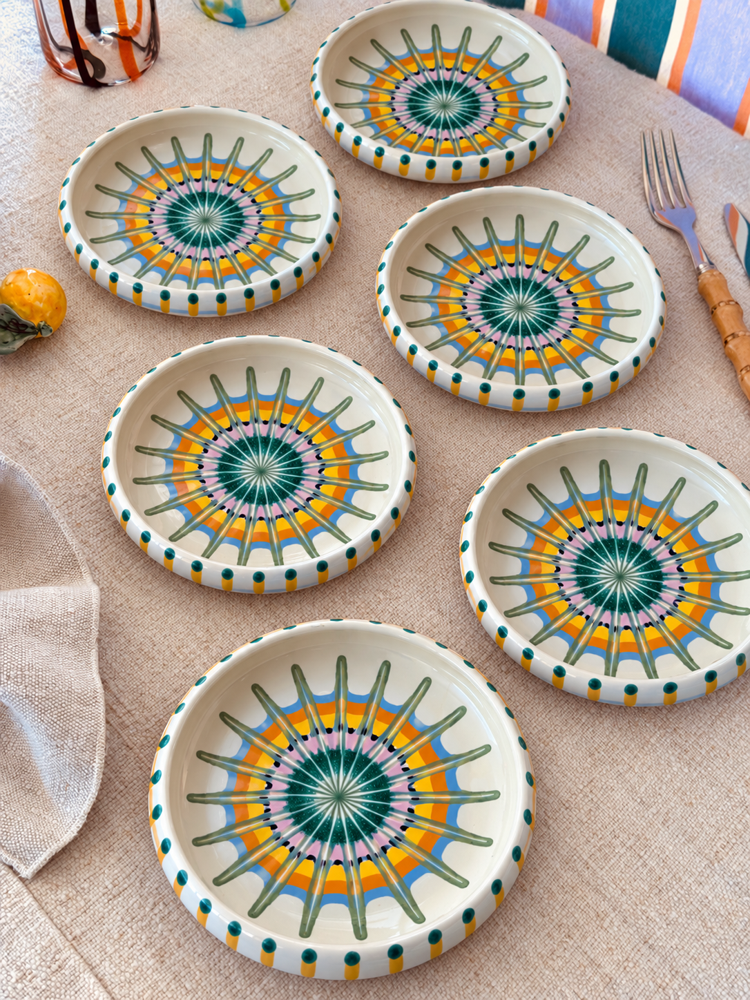 Italian Ceramic Pasta Plate Set of 6 – 25 cm | Handmade Psychodelic Design
